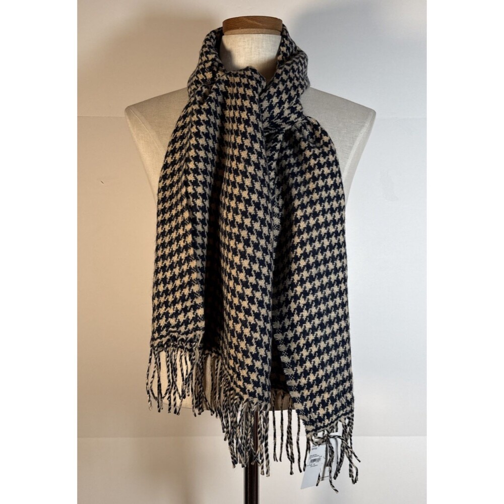 Lands End Blue & Tan Houndstooth Plaid Scarf NWT Deep Sea 15" X 62" SOFT Quiet